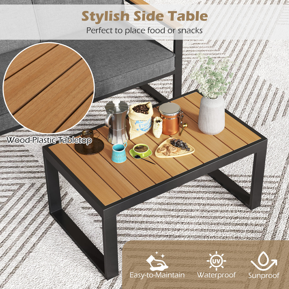 Stylish side table with wood-plastic tabletop, perfect for snacks, featuring a contemporary design for patio use.