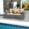 2-piece patio corner sofa set with thick beige cushions and acacia wood armrests, perfect for poolside relaxation.