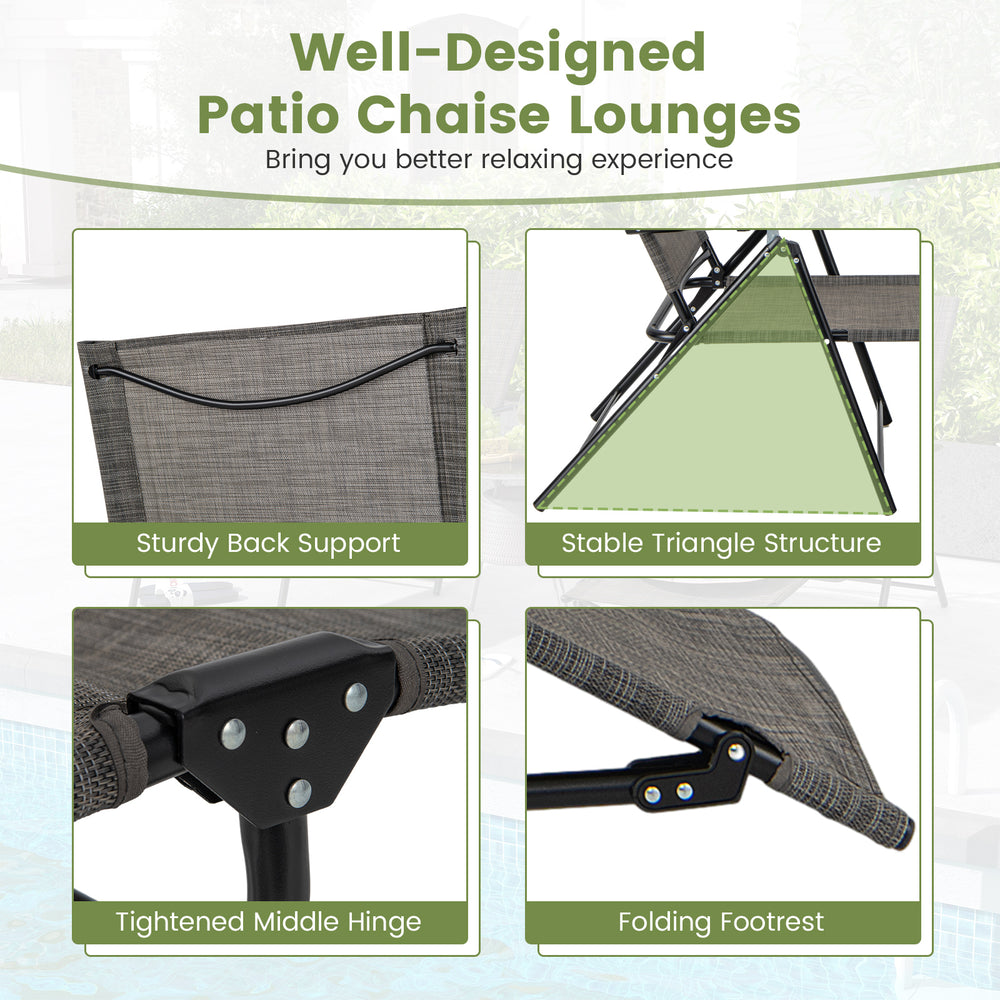 Adjustable backrest and footrest of the coffee 2-piece patio folding chaise lounge chairs for personalized comfort.