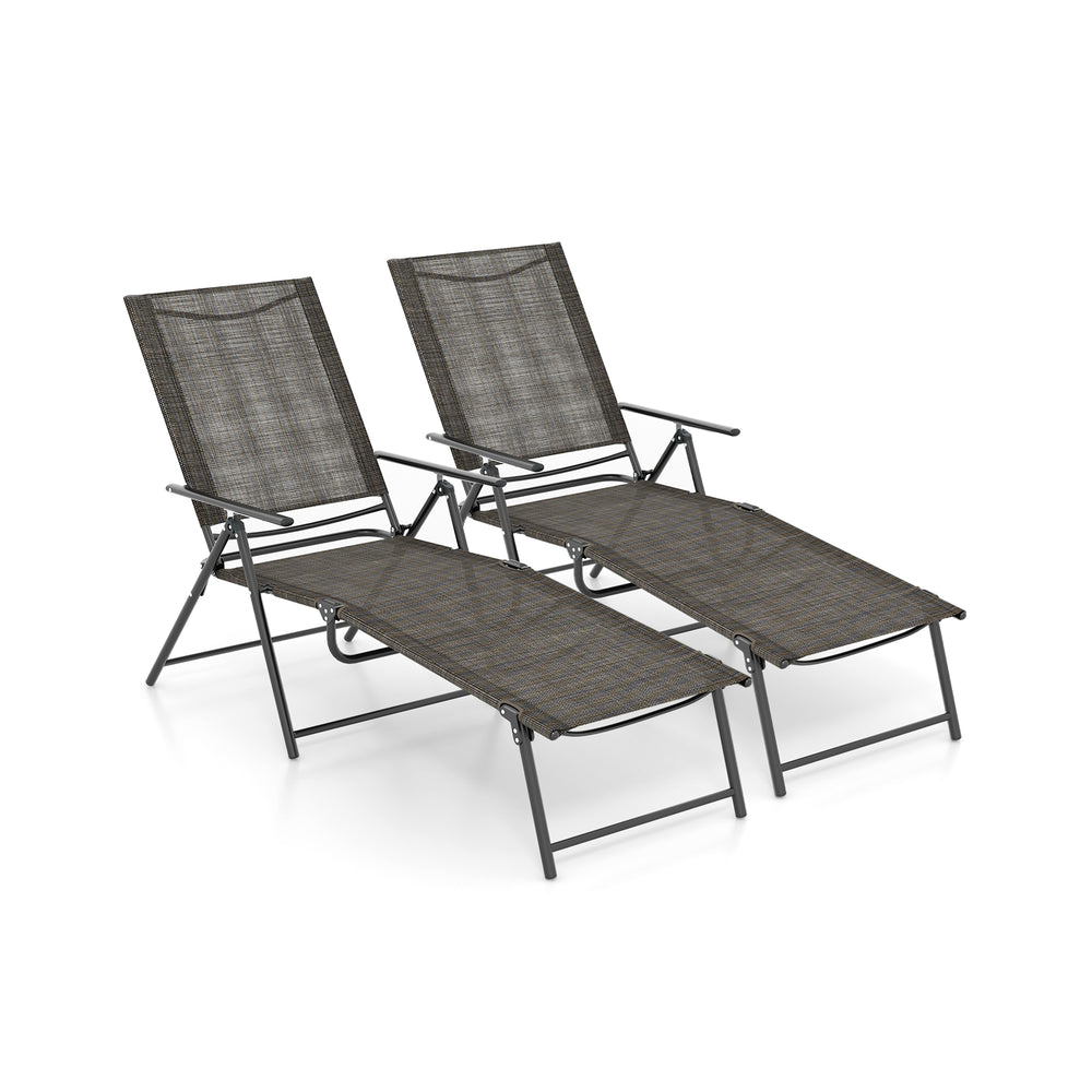 Two-piece patio folding chaise lounge chairs in coffee with adjustable backrests, perfect for poolside relaxation.