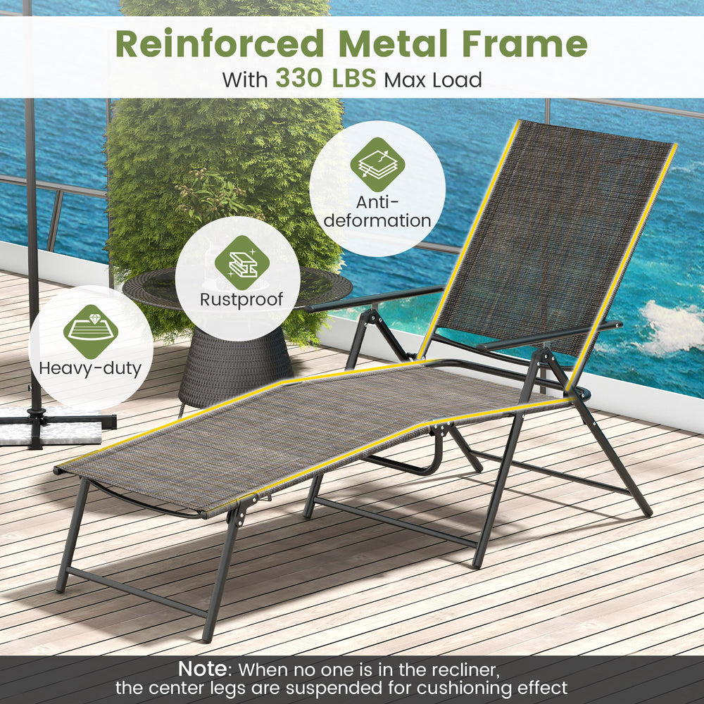 Folding chaise lounge chair with adjustable backrest, coffee color, sturdy metal frame, perfect for poolside relaxation.