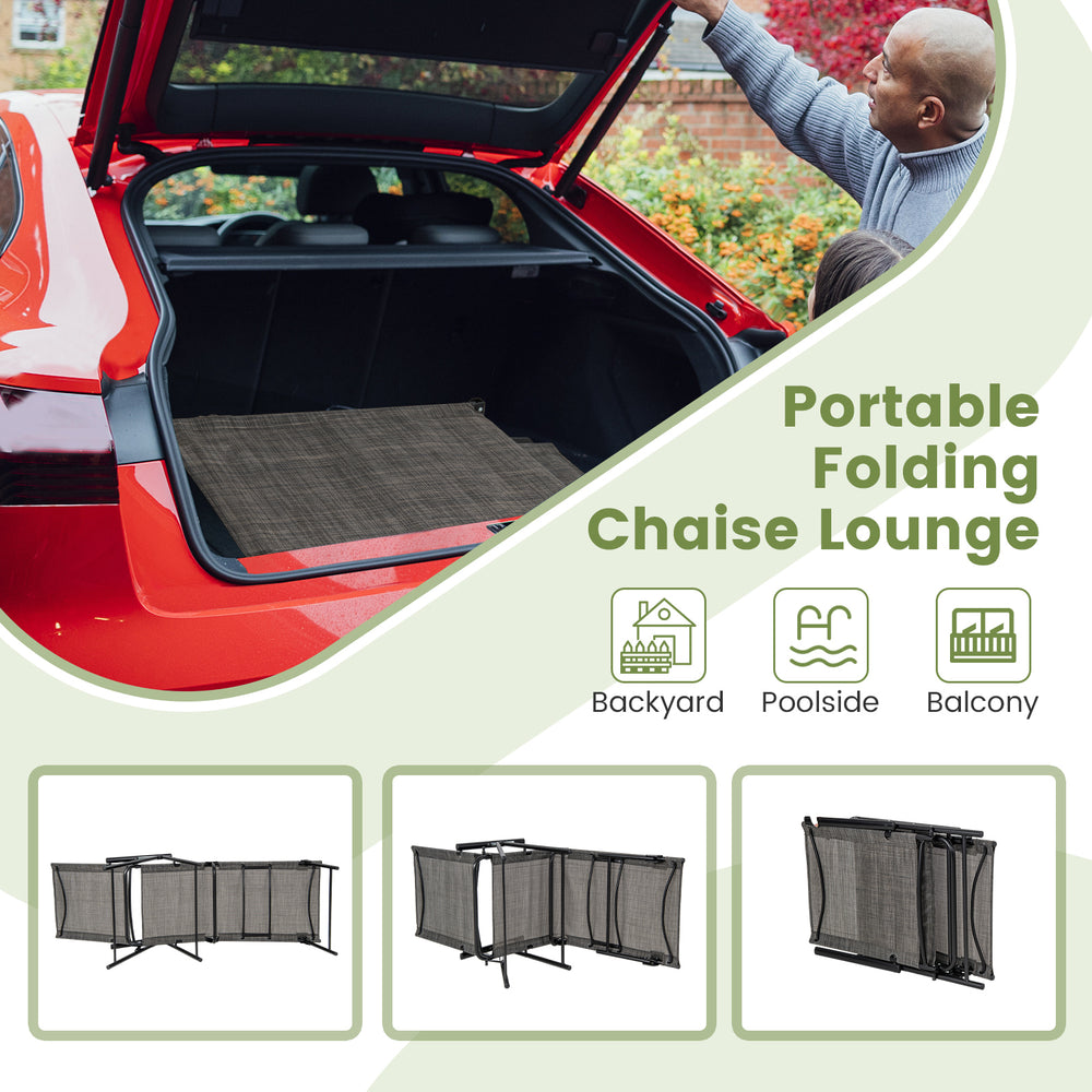 Portable folding chaise lounge chair with adjustable backrest, coffee color, ideal for backyard or poolside relaxation.