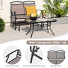 Outdoor gliding loveseat chair with high backrest and tempered glass coffee table, perfect for backyard relaxation.