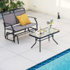 Outdoor gliding loveseat chair with tempered glass coffee table, perfect for poolside relaxation and backyard.