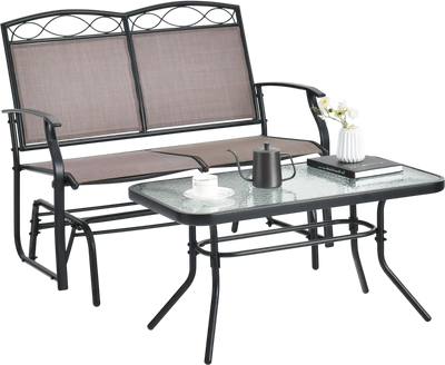 Costway Outdoor Metal Gliding Loveseat & Glass Coffee Table Patio Furniture Set 73841956 New