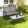 Outdoor gliding loveseat chair with tempered glass coffee table, featuring a stable gliding base for backyard.