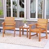 Two hardwood patio chairs with slatted seats and inclined backrests, perfect for outdoor relaxation on a porch or.