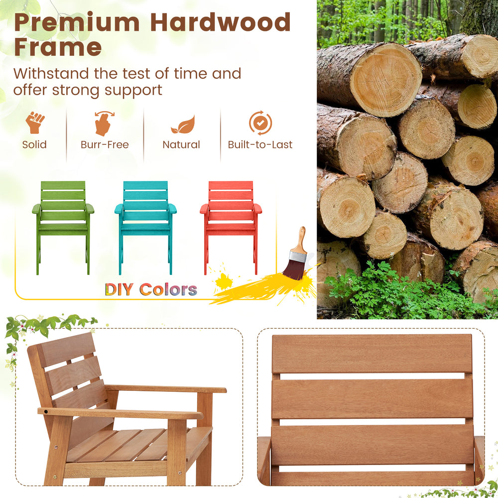 Patio hardwood chair with slatted seat and inclined backrest, featuring durable construction and DIY color options for.