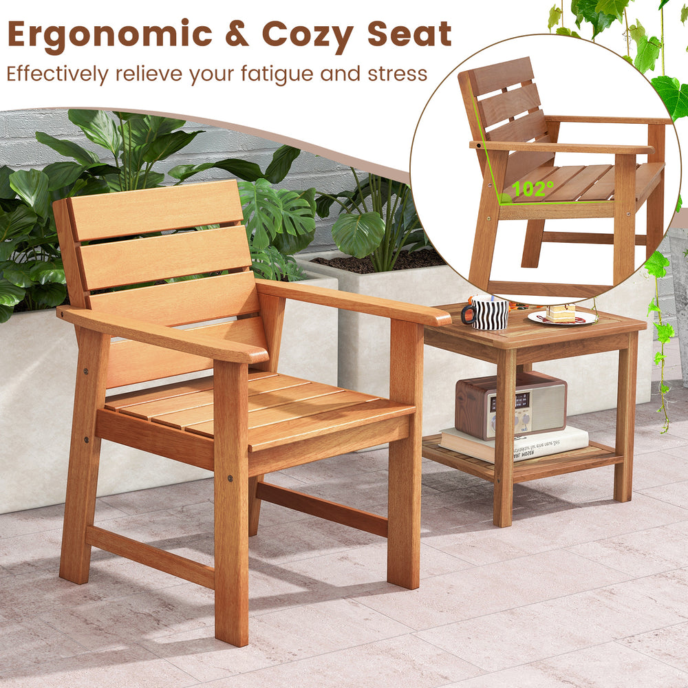 Patio hardwood chair with slatted seat, 102° inclined backrest, and wide armrests for outdoor relaxation.
