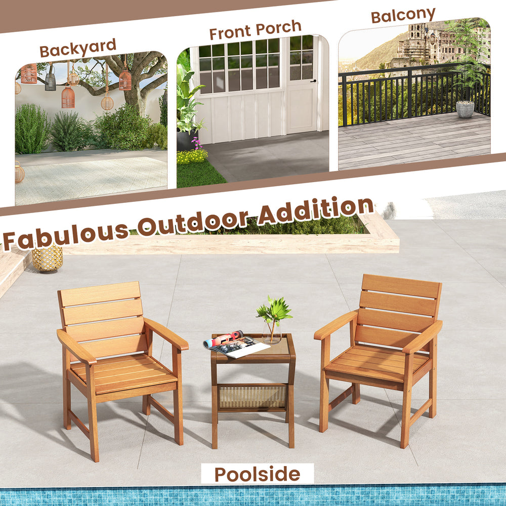 Two-piece patio hardwood chair set with slatted seats and inclined backrests, ideal for poolside relaxation.