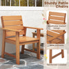 Sturdy hardwood patio chair with slatted seat, wide armrests, and inclined backrest for outdoor comfort and relaxation.