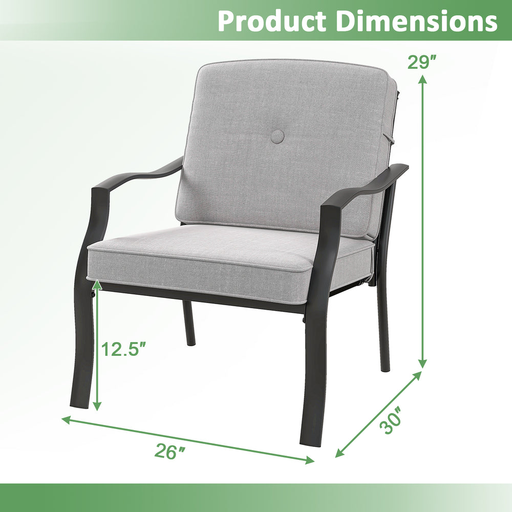 Product dimensions of 2 Piece Patio Metal Chairs with cushions, featuring a heavy-duty metal frame for stability.