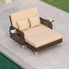Brown 2-piece patio rattan daybed with adjustable backrest, soft cushions, and dual side tables for outdoor relaxation.