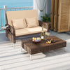 Brown rattan loveseat and ottoman set with adjustable backrest, ideal for backyard relaxation and outdoor comfort.