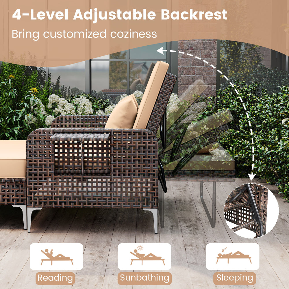 Adjustable backrest of the brown rattan loveseat and ottoman set, ideal for backyard relaxation and sunbathing.