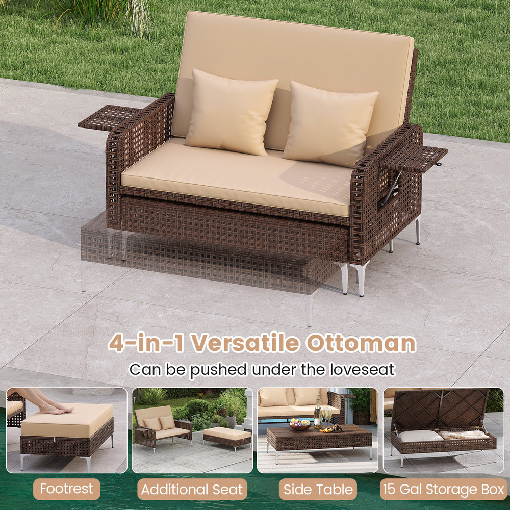 Loveseat and ottoman set in brown rattan with adjustable backrest, ideal for backyard relaxation and space-saving.