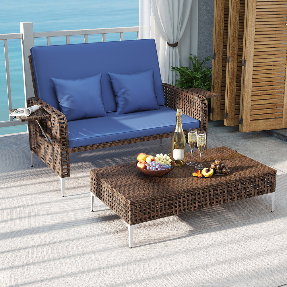 2 Piece Patio Rattan Daybed Wicker Loveseat and Ottoman with Adjustable Backrest-Navy - Gallery View 1 of 11