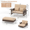 Patio rattan loveseat and ottoman set with adjustable backrest, soft cushions, and double folding side tables for.