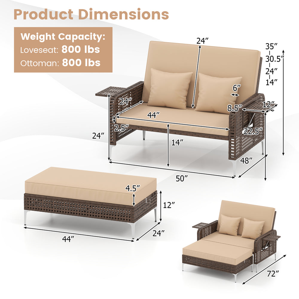 Patio rattan loveseat and ottoman set with adjustable backrest, soft cushions, and double folding side tables for.