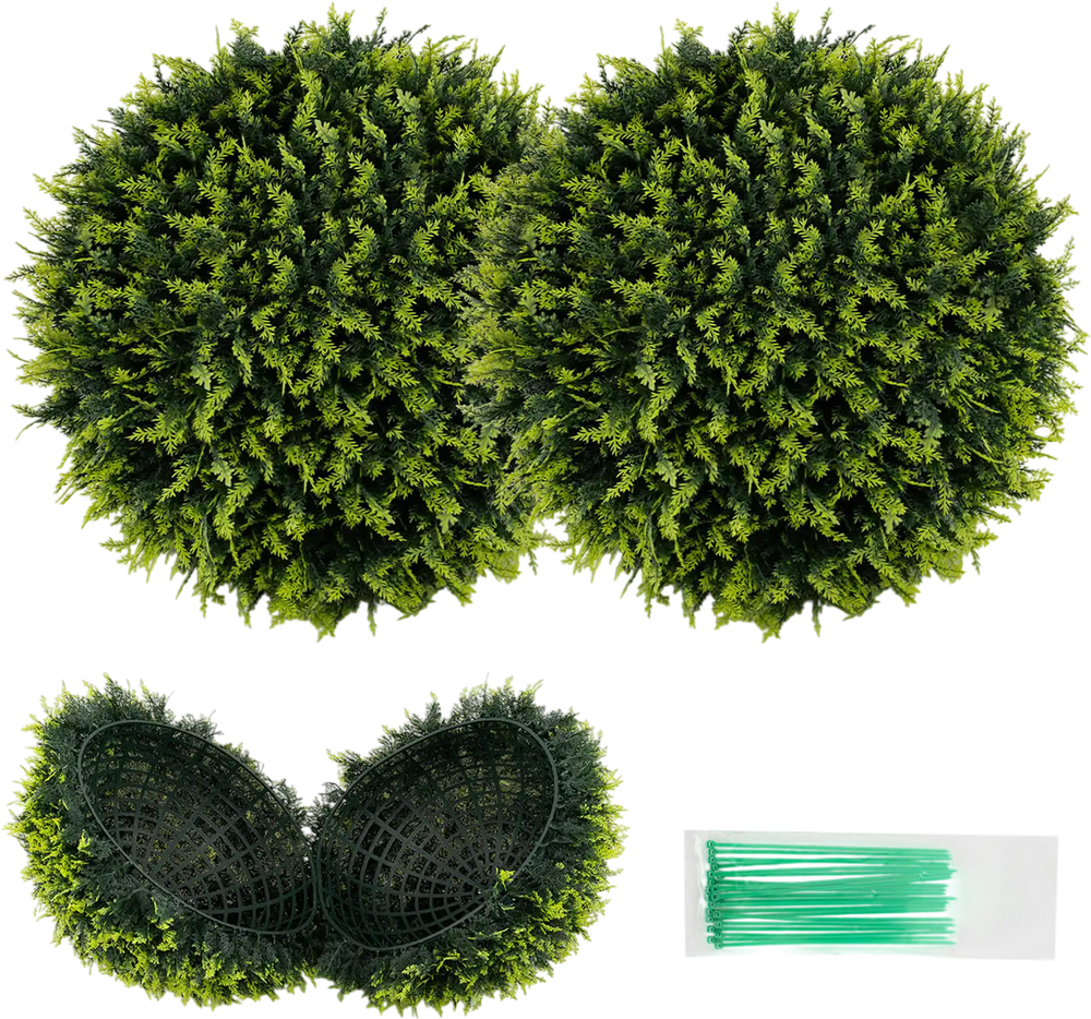 Two pieces of 18/22 inches faux decorative balls with lifelike green leaves, perfect for patio and garden decor.