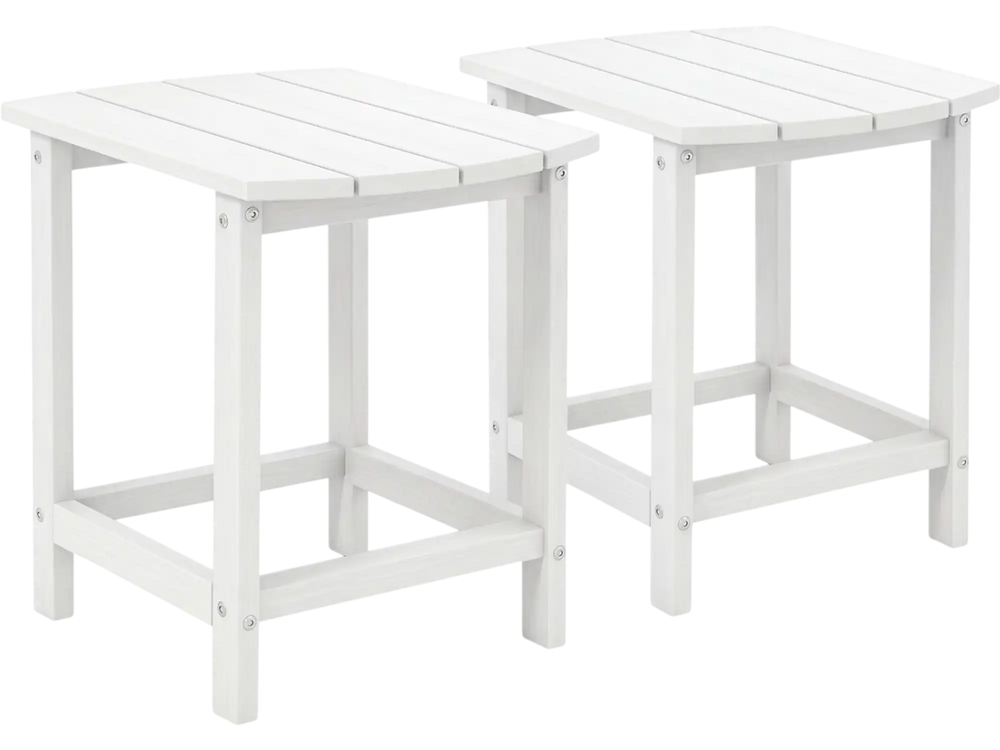 Set of two 18-inch white Adirondack outdoor side tables made of weather-resistant PE material for versatile use.