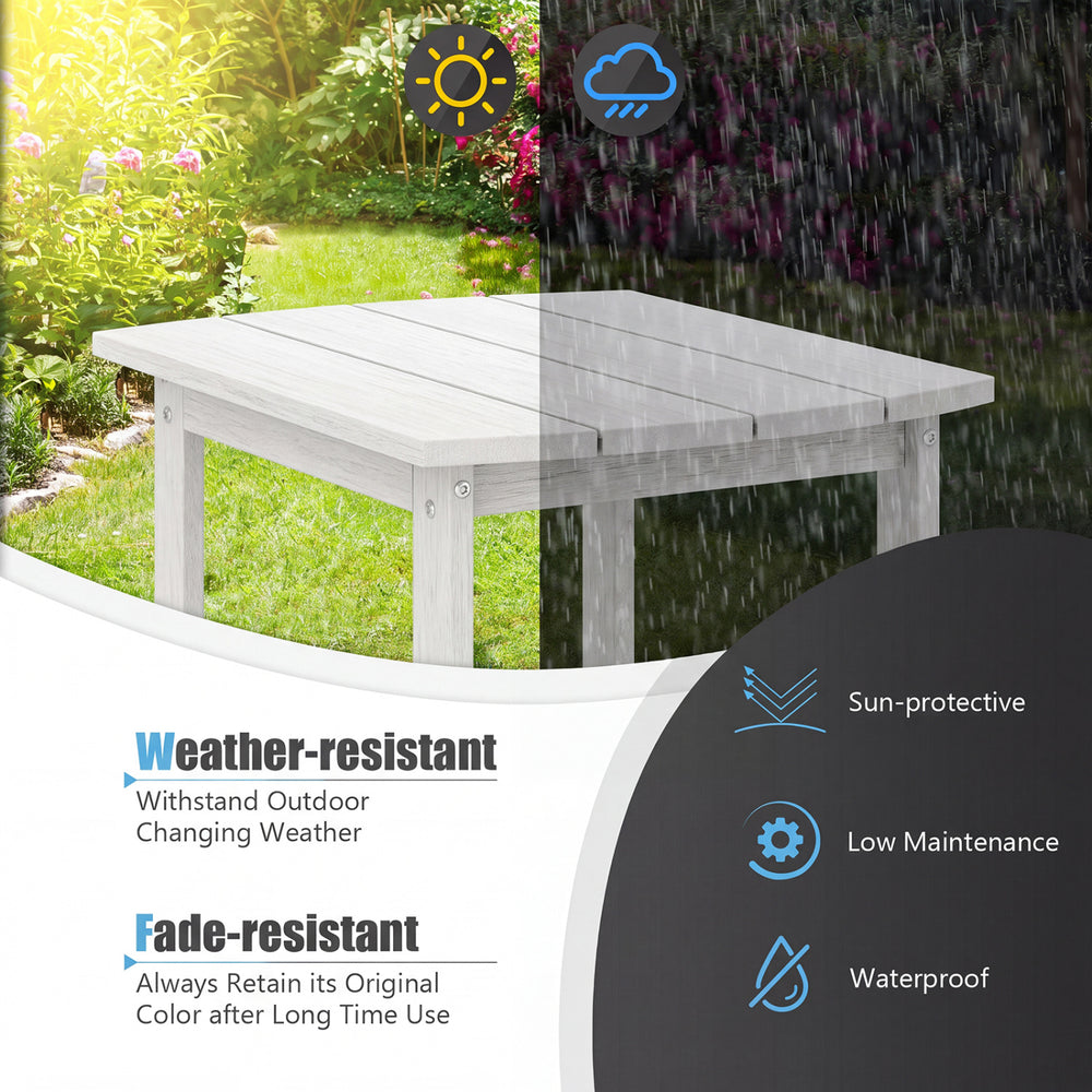Adirondack outdoor side table in white, made of weather-resistant PE material, perfect for patio and garden use.