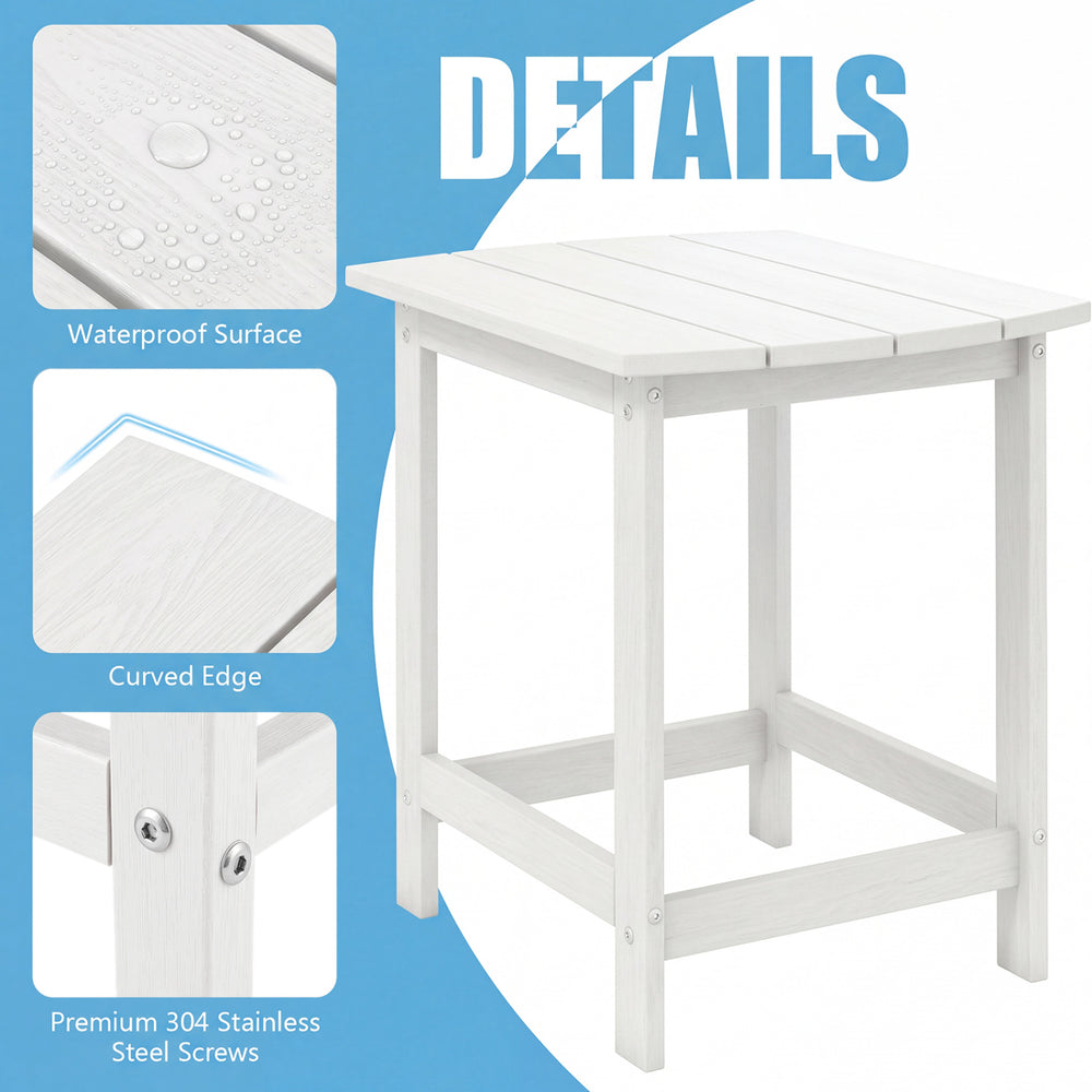White 18-inch Adirondack outdoor side table featuring a waterproof surface and curved edges, perfect for patio use.