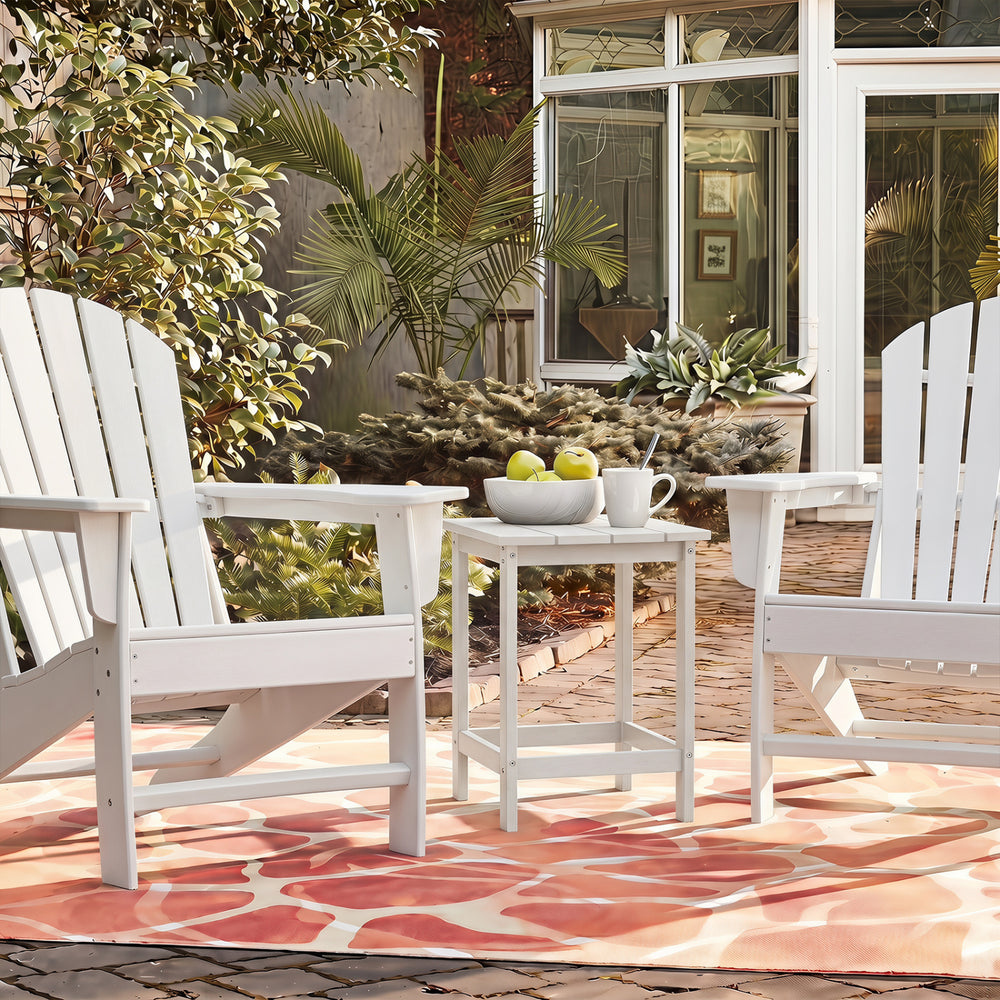 Adirondack outdoor side table in white, featuring a large tabletop and weather-resistant design for patio or garden use.