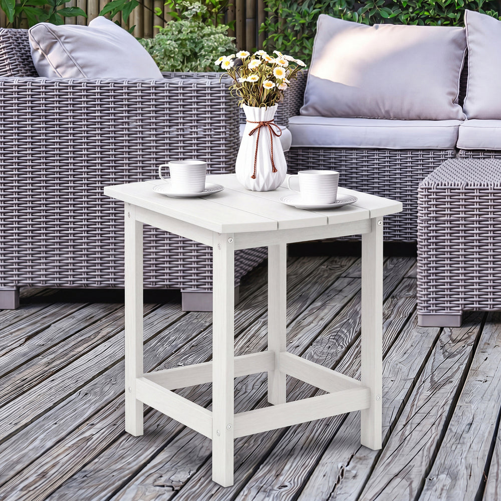 White 18-inch Adirondack outdoor side table made of weather-resistant PE material, perfect for patio or garden use.