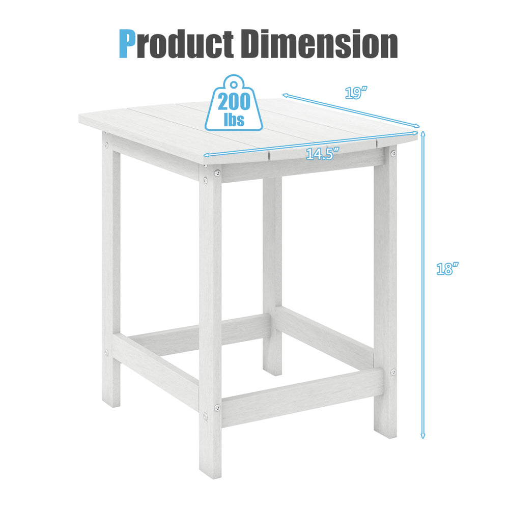 White 18-inch Adirondack outdoor side table with a 200 lbs capacity, perfect for patio or garden use.