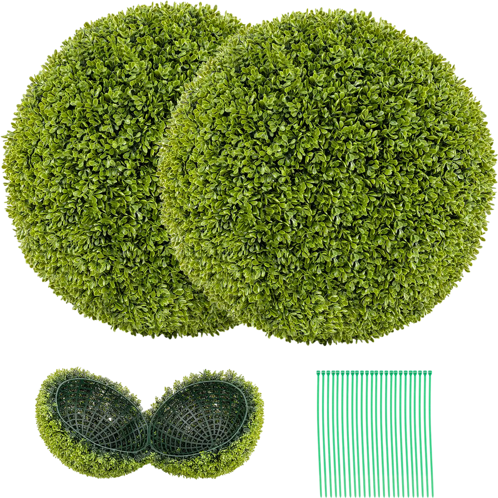 Two 20-inch artificial topiary spheres made of sun-resistant PE leaves, perfect for patio or garden decoration.