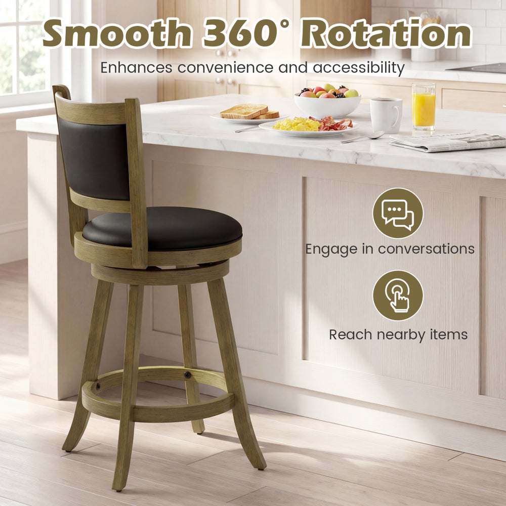 24-inch swivel counter stool set with gray upholstered seat, solid hardwood construction, ideal for dining or kitchen.