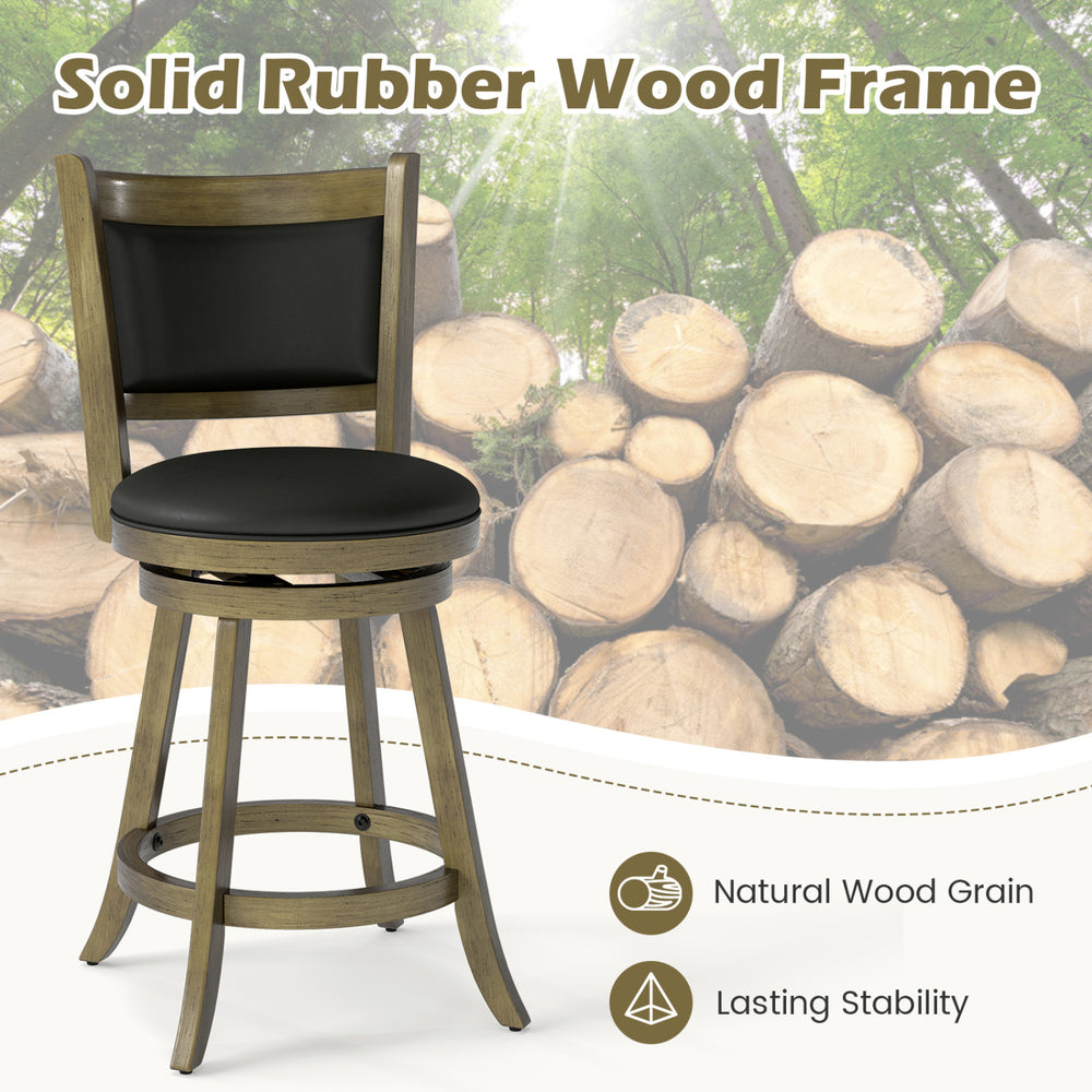 24-inch swivel counter stool with gray upholstered seat, solid rubber wood frame, perfect for dining or kitchen use.