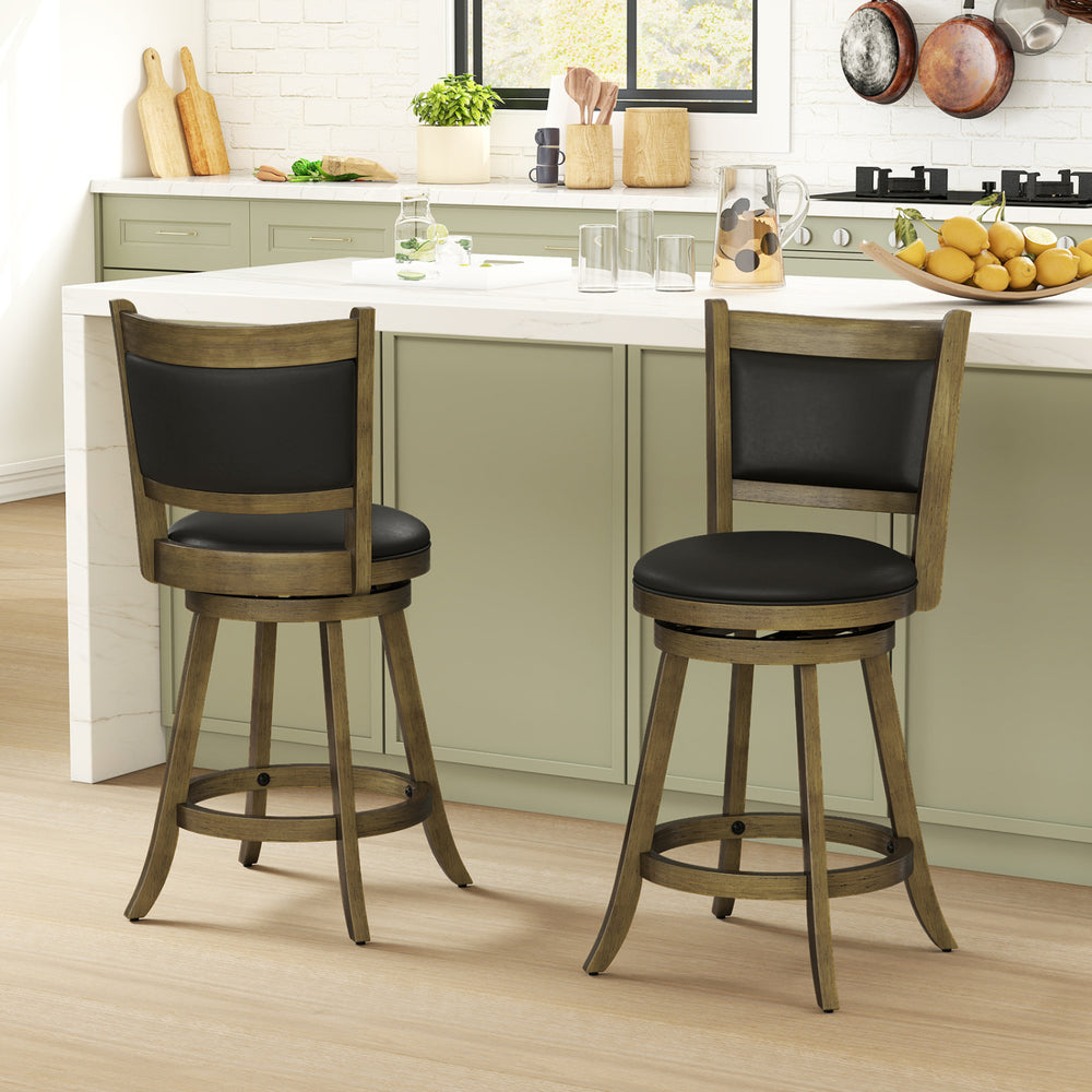 Set of 2 gray 24-inch swivel counter stools with upholstered seats and solid hardwood construction for kitchen use.