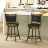 Set of 2 gray 24-inch swivel counter stools with upholstered seats and solid hardwood construction for kitchen use.