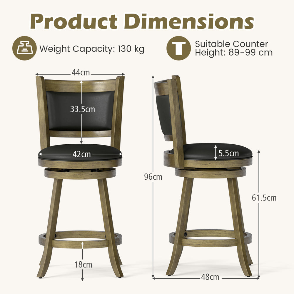 Side view of a 24-inch swivel counter stool with gray upholstered seat, solid hardwood construction, and foot pads for.