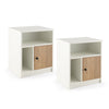 Set of two 25-inch tall white nightstands with wooden doors and open shelves, perfect for bedroom or living room.