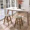 Backless swivel barstools with beige linen fabric seats and rubber wood legs, perfect for counter height tables.