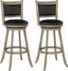 Set of 2 gray wooden swivel bar stools with PVC cushioned seats and panel back design for comfortable seating.