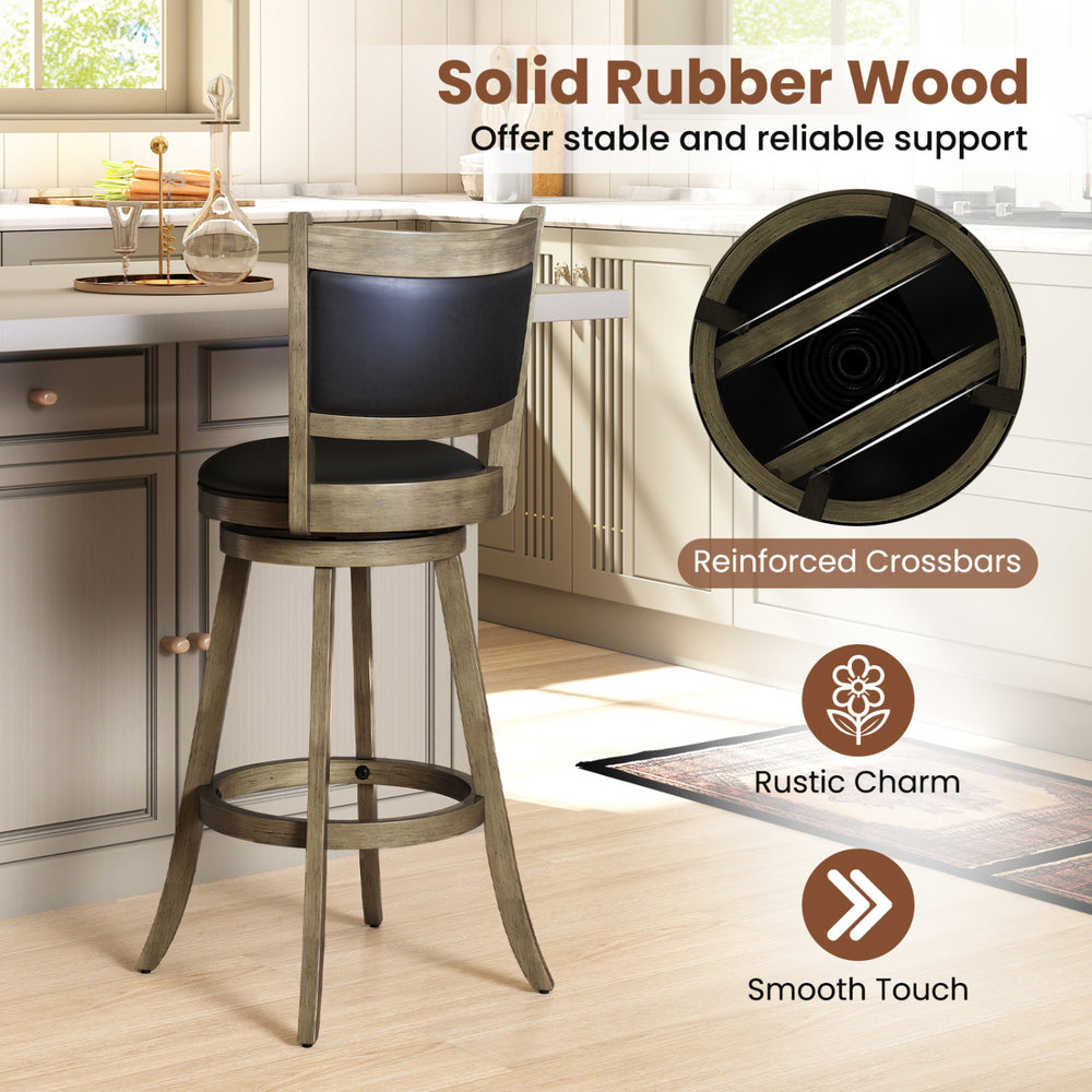 29-inch wooden swivel bar stool with gray PVC cushioned seat, solid rubber wood construction for durability and comfort.