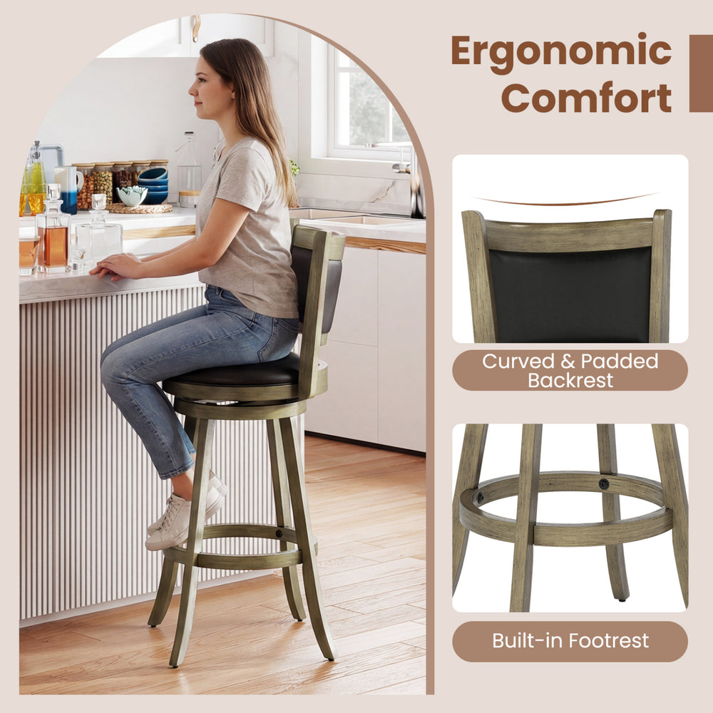 Wooden swivel bar stool with PVC cushioned seat and curved backrest, ideal for kitchen or dining use.
