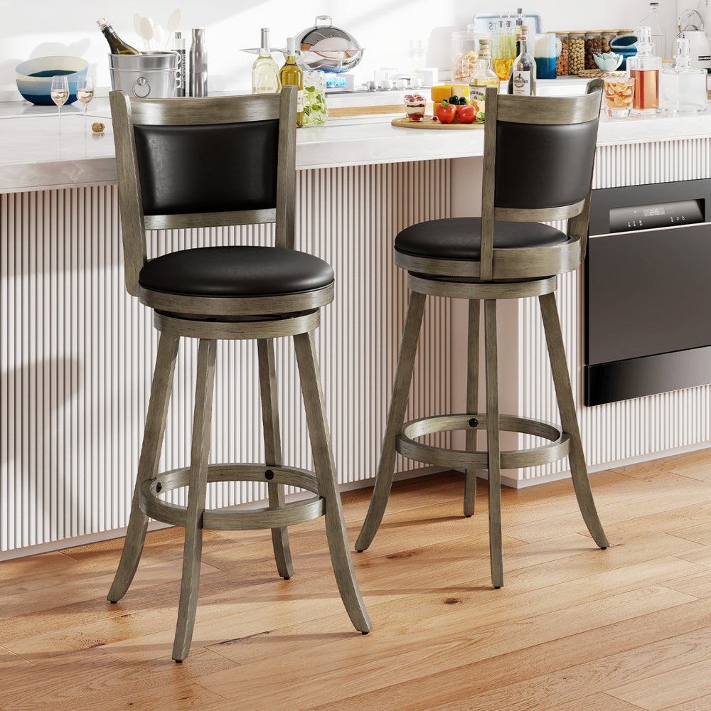 Set of 2 gray wooden swivel bar stools with PVC cushioned seats, perfect for kitchen or dining areas.
