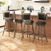 Set of two 29-inch gray wooden swivel bar stools with PVC cushioned seats, ideal for kitchen or dining areas.