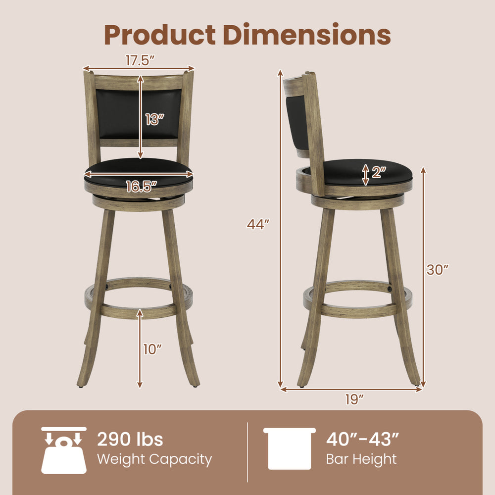 Dimensions of 2 Pieces 29 Inch Wooden Swivel Bar Stool with PVC cushioned seat, suitable for bar heights 40"-43".
