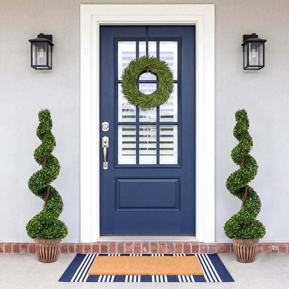 Two 4-foot artificial boxwood spiral trees with natural trunks, perfect for indoor and outdoor decoration.