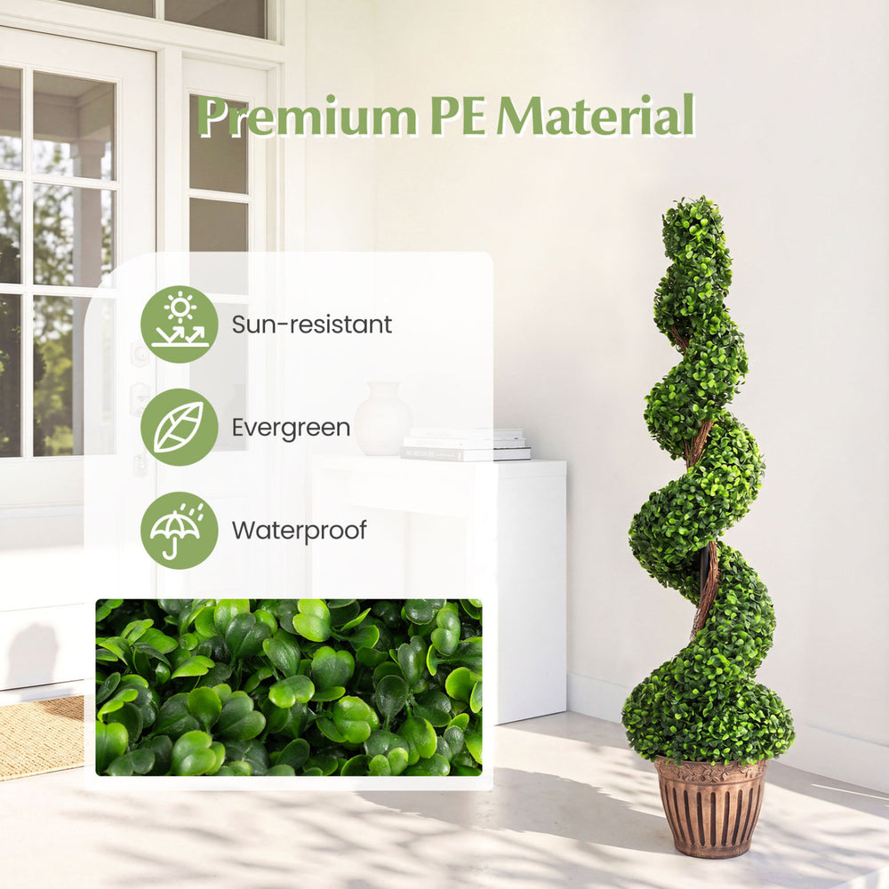 4-foot artificial boxwood spiral tree set made of premium PE material, perfect for indoor and outdoor decoration.