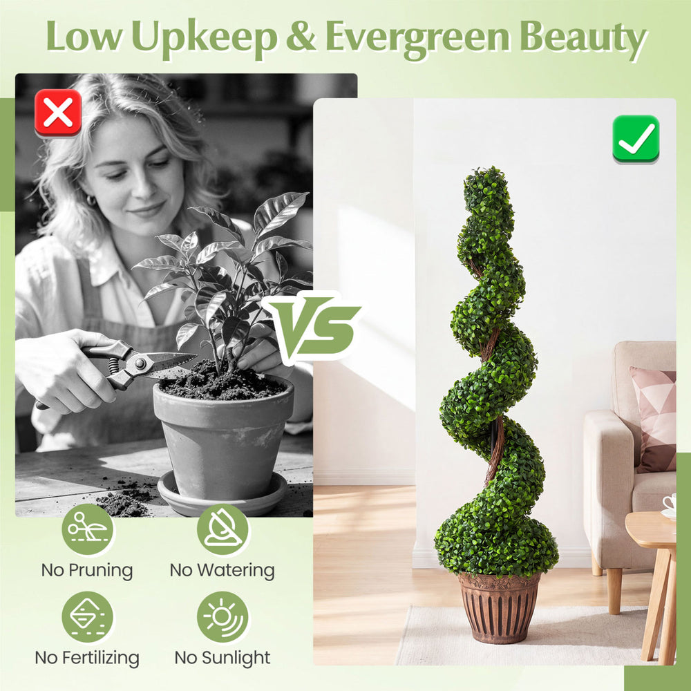 4-foot artificial boxwood spiral tree set with natural trunks and PVC leaves, perfect for indoor and outdoor decoration.