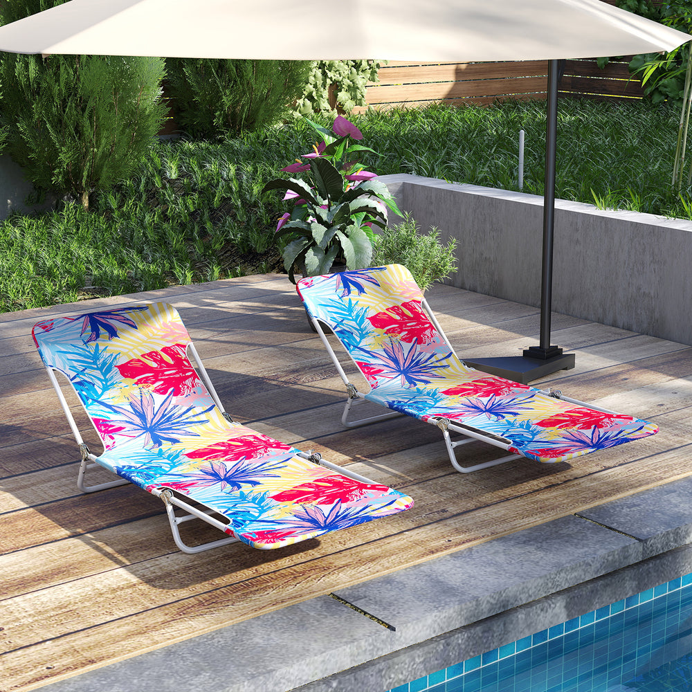 2 Pieces 5-position Lay Flat Beach Recliner with Carry Strap and Metal Frame-Pink - Gallery View 1 of 10