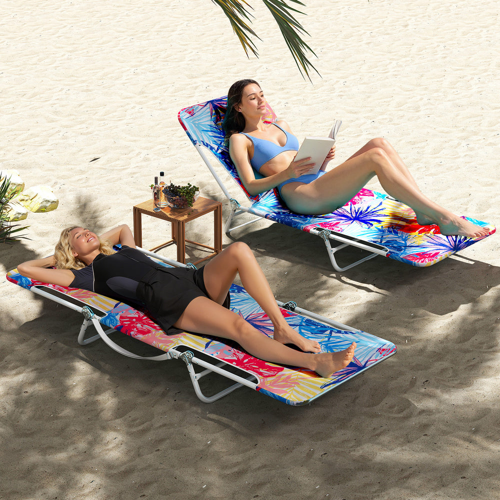 Two women relaxing on colorful 5-position beach recliners with metal frames, perfect for poolside or beach use.