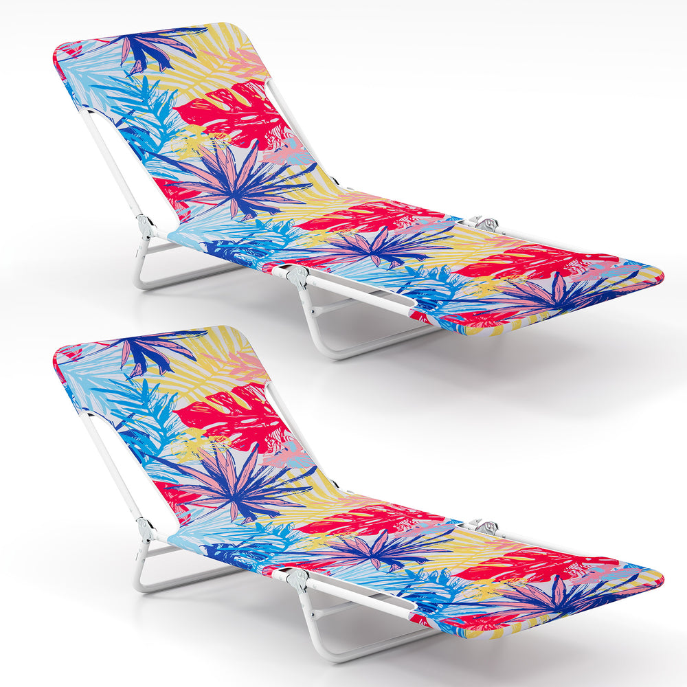 Adjustable 5-position beach recliner in pink with floral design, featuring a durable metal frame and carry strap for.